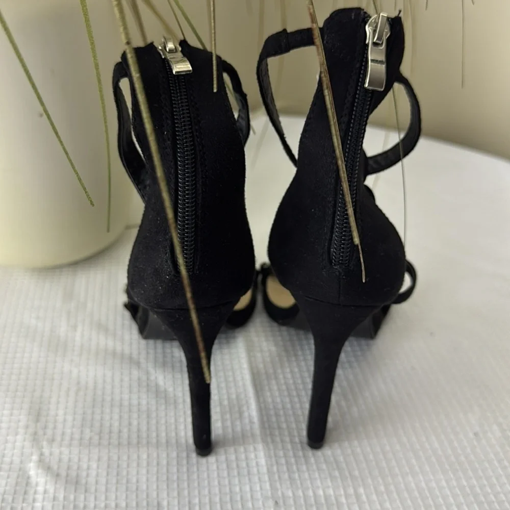 Jacobies Womens Open Toe Ankle Strap Black Crystal Studded Back Zipper Heel 7.5